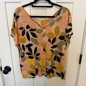 Rachel Zoe Floral 100% Linen Short Sleeve Top, Button Back Size XL Lightweight